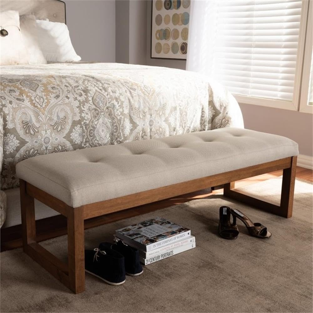 BOWERY HILL Tufted Living Room Bench, Light Beige Upholstered Seat, Walnut Brown Rubberwood Frame, Button-Tufted Design, 52.17 in Wide, Modern Style Entryway or Mudroom Seating