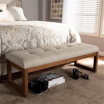 BOWERY HILL Tufted Living Room Bench, Light Beige Upholstered Seat, Walnut Brown Rubberwood Frame, Button-Tufted Design, 52.17 in Wide, Modern Style Entryway or Mudroom Seating