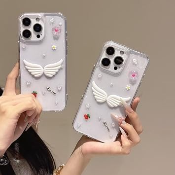3D Melek Kanatlı Çiçekli Şeffaf Simli iPhone 11 Uyumlu Kılıf – Kamera Korumalı, Darbe Emici Silikon