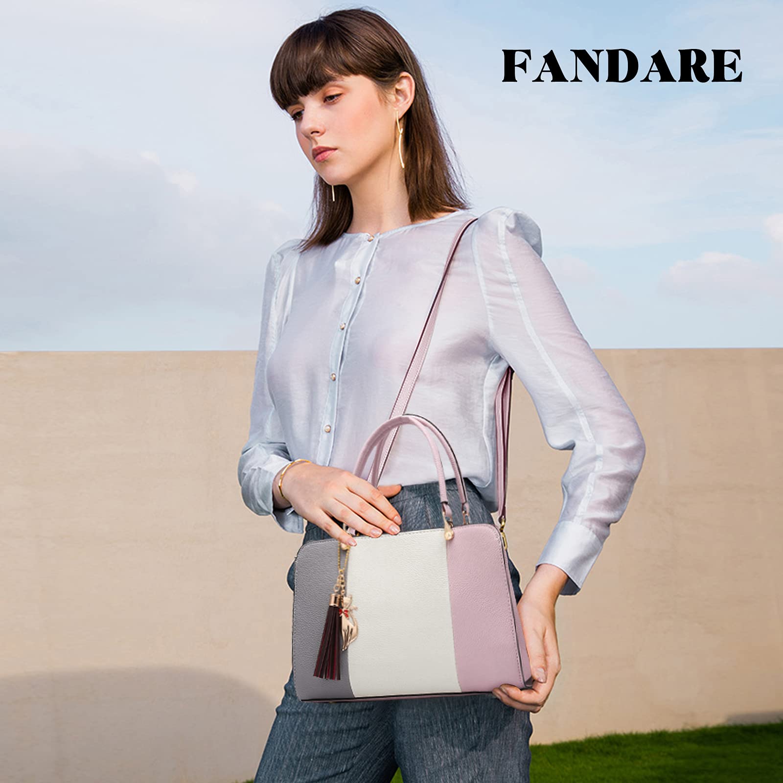 FANDARE Elegante Mujer Bolso Mano con Colgante Bolsos de Bandolera Impermeable PU Cuero para Viaje Trabajo Compras Crossbody Bag