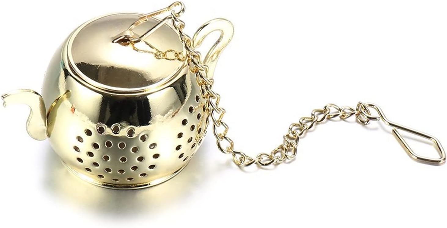 Tea Filters With Chain Kitchen Gadget Teapot Shape Teaware Herbal Spice Filter Tea Strainer Diffuser Infuser(Gold)