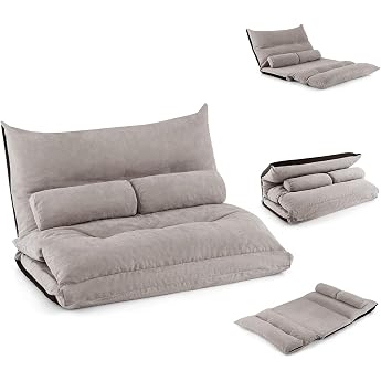 GOPLUS Floor Sofa with Sleep Function 3-in-1 Sofa Bed with Adjustable Backrest Cushion & Foam Maximum Load 150 kg Folding Sofa for Living Room & Bedroom Grey