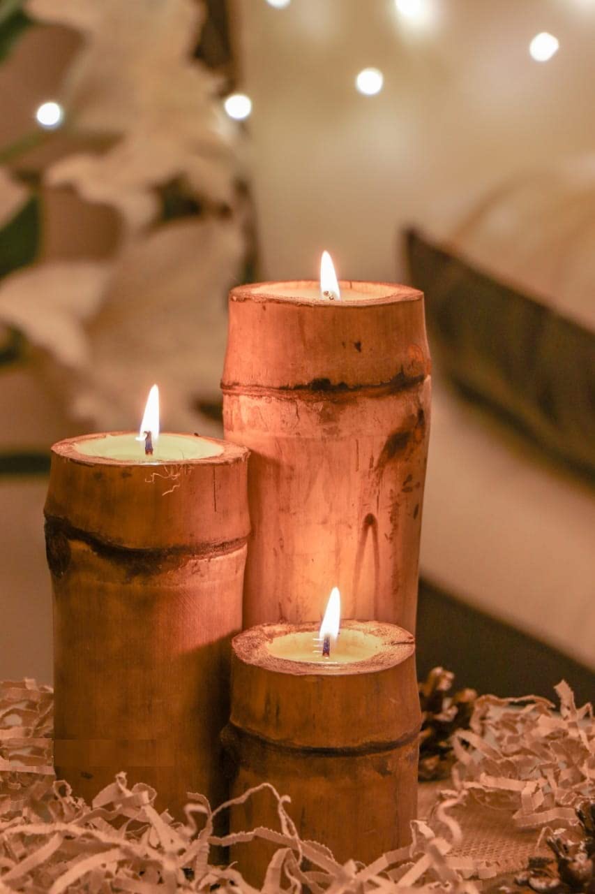 Natural Wood Bamboo Decorative Pillar Candles - 3 Pc Set
