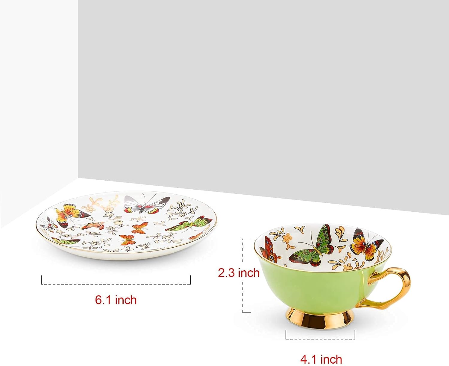 LURRIER Set of 4 Coffee Cup Mug with Saucer for Latte, Cappuccino Tea with Butterflies 6.8 Oz Fine Bone China, Dishwasher Safe, Reactive Glaze, 1 Pcs