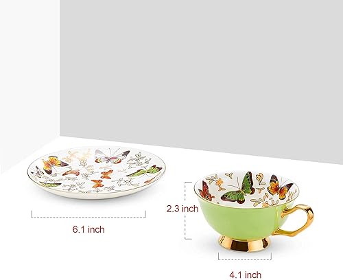 Miniatura 6 de LURRIER Juego de 4 tazas de café con platillo para café con leche, té capuchino con mariposas de 6.8 onzas de porcelana fina, apta para
