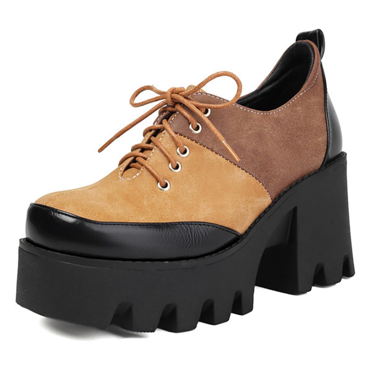Chaussures Oxford à Plateforme Bicolore pour Femmes Bout carré Style Punk Lacets Talon carré de 8 cm avec Semelle crantée épaisse Chaussures habillées Mode Alternative