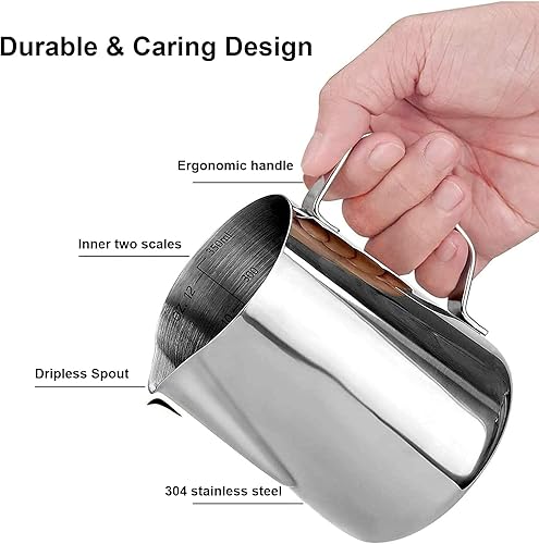 Miniatura 3 de Jarra para espumar de leche de café de 11.8fl oz de acero inoxidable 304 jarra de leche para hacer café o café capuchino latte arte
