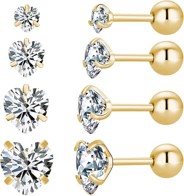 4 Pairs Screw Back Star Heart Square Round Stud Earrings Set, 18K Gold Plated Surgical Stainless Steel Cubic Zirconia Stud Earrings 3-6mm