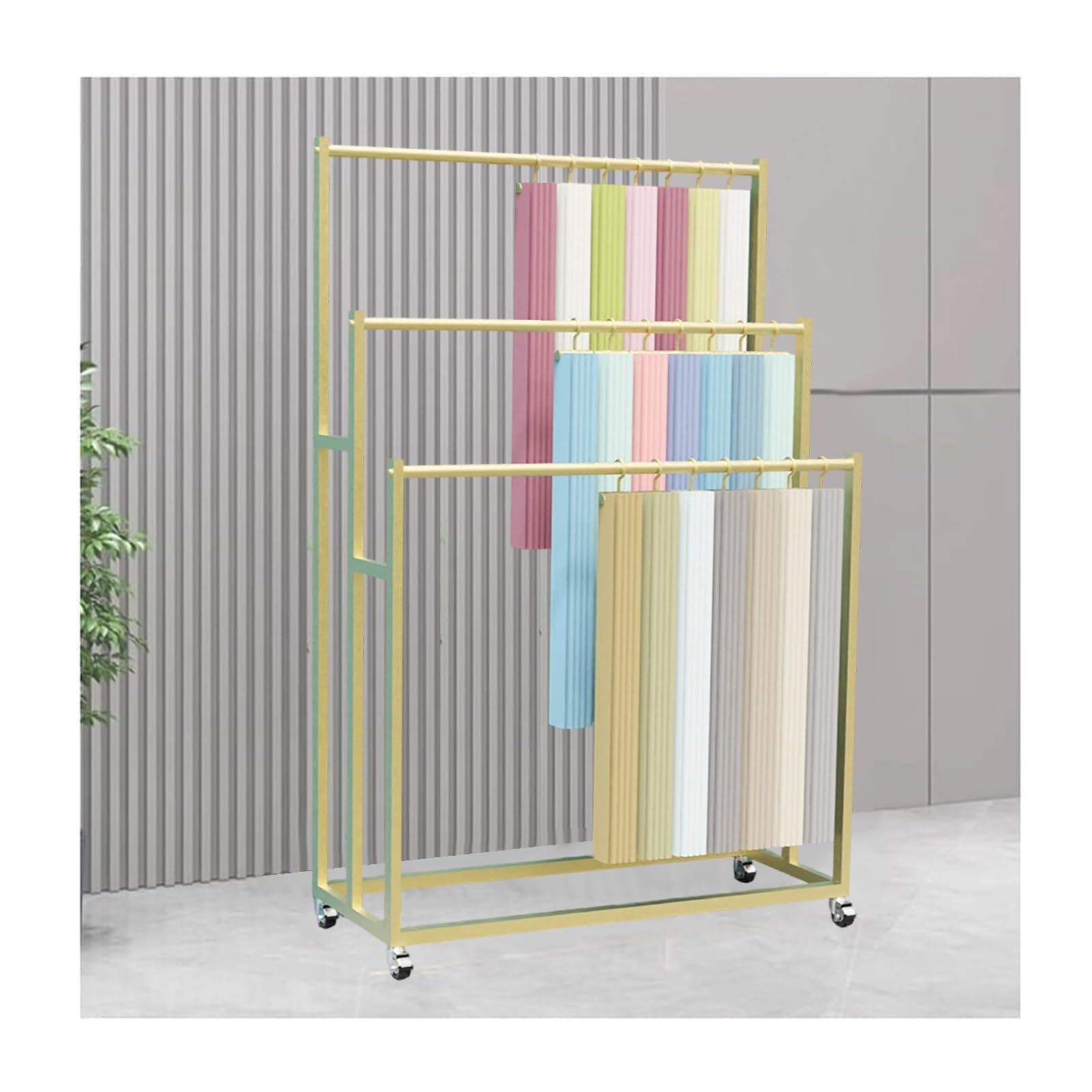Expositor de muestras de tela comercial con ruedas, estante textil de metal para mantas, colchas, bufandas, toallas