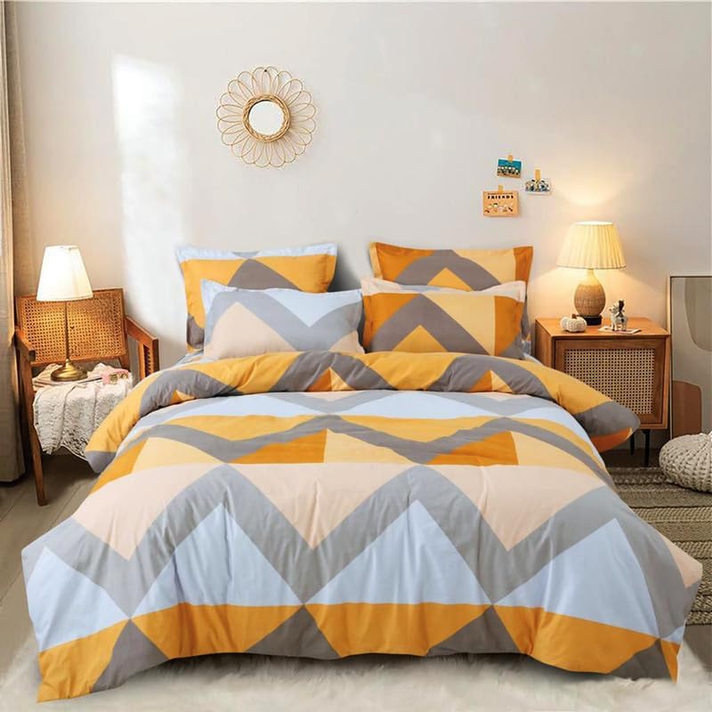 Image of Polycotton Printed 120 TC Comforter & Bedsheet Double Bed Bedding Set, Queen Size (90x100 inch), Yellow & Grey, 4 Pieces