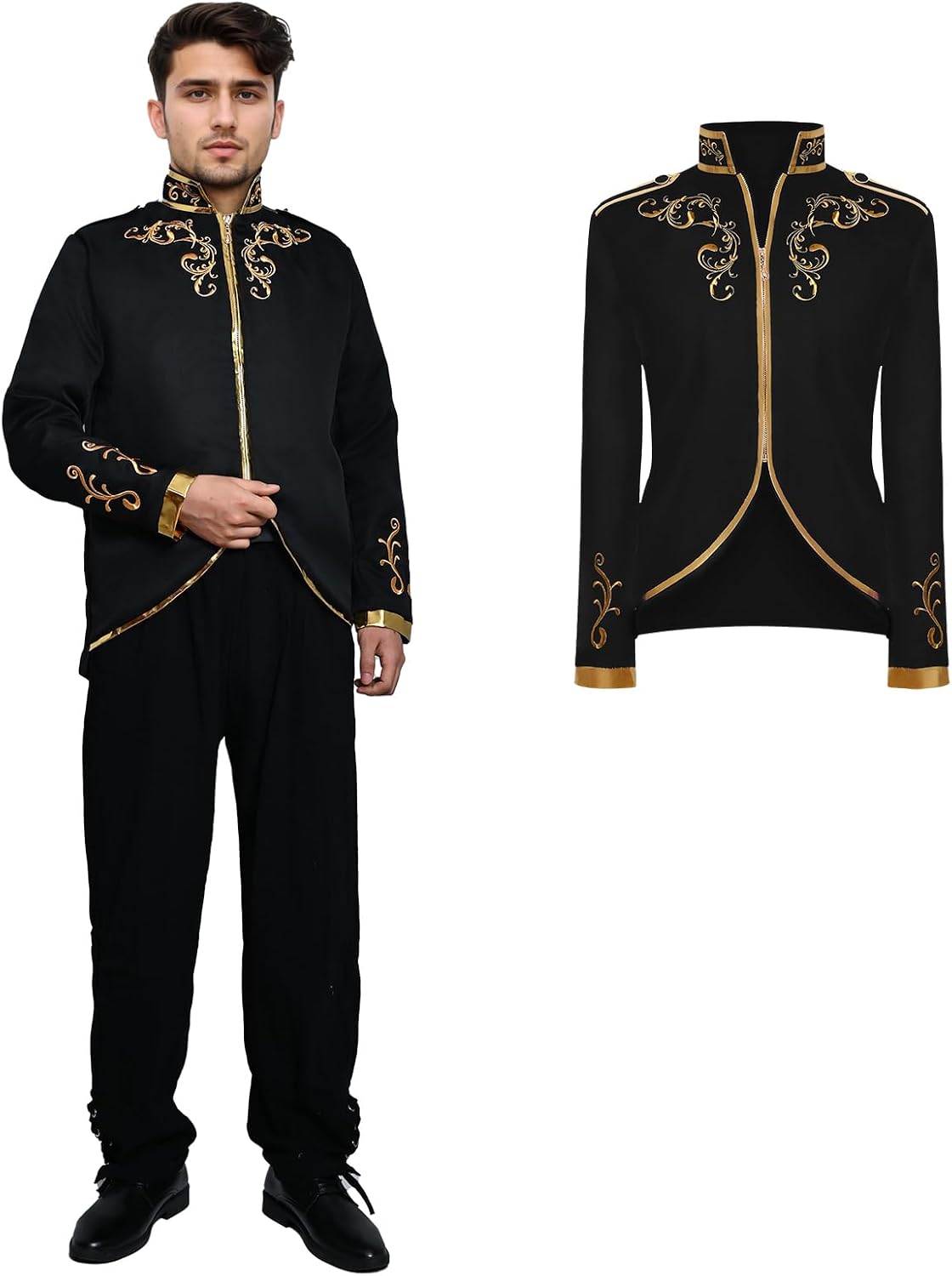 Prince Jacket for Men, Court Fashion Prince Uniform Gold Embroidered Suit Jacket Medieval Costume Halloween Cosplay