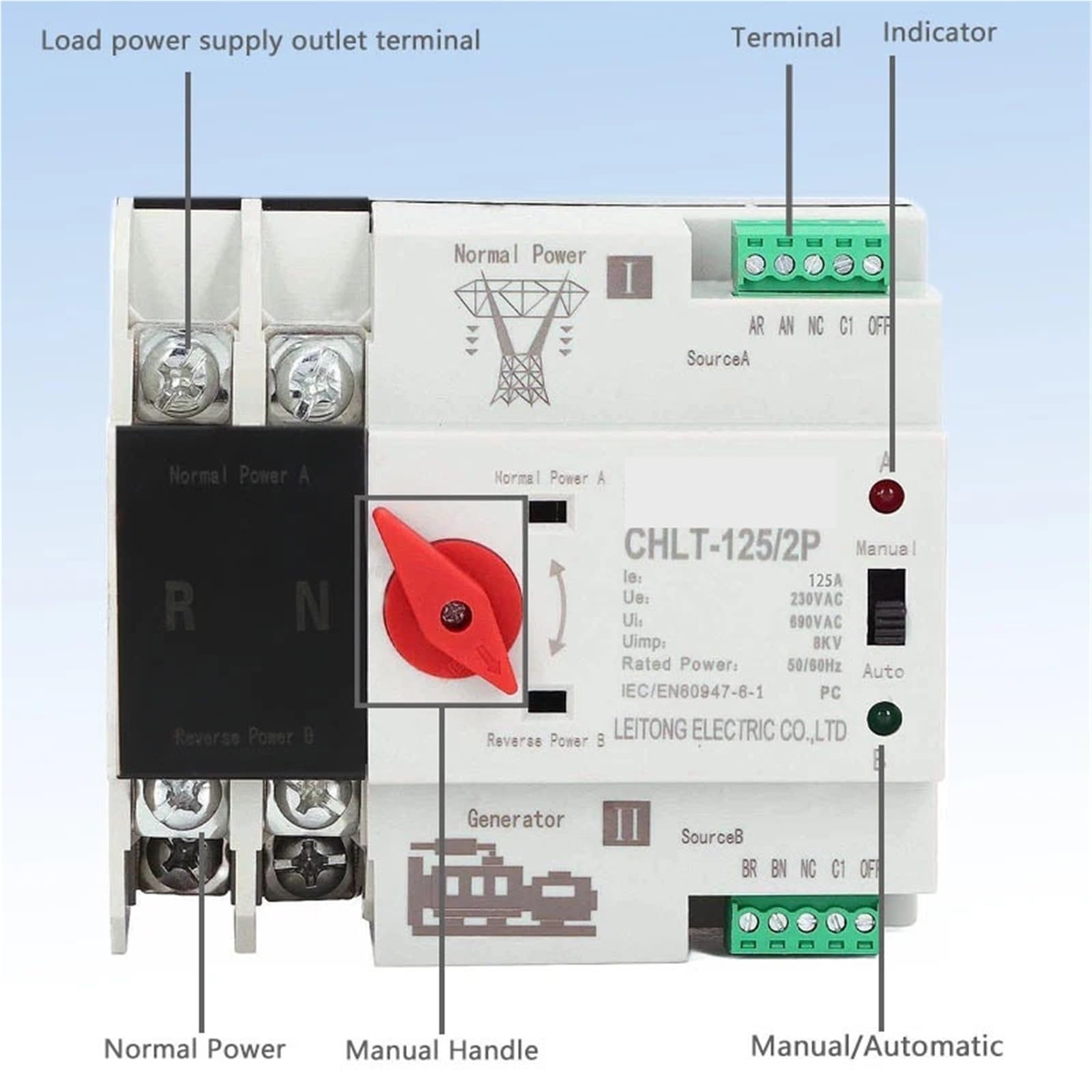 Interruttore di trasferimento di potenza doppio ATS 2P 63A-125A | Selettore automatico alimentazione 110V/220V for commutazione l'alimentazione principale quella backup(220V,100A)