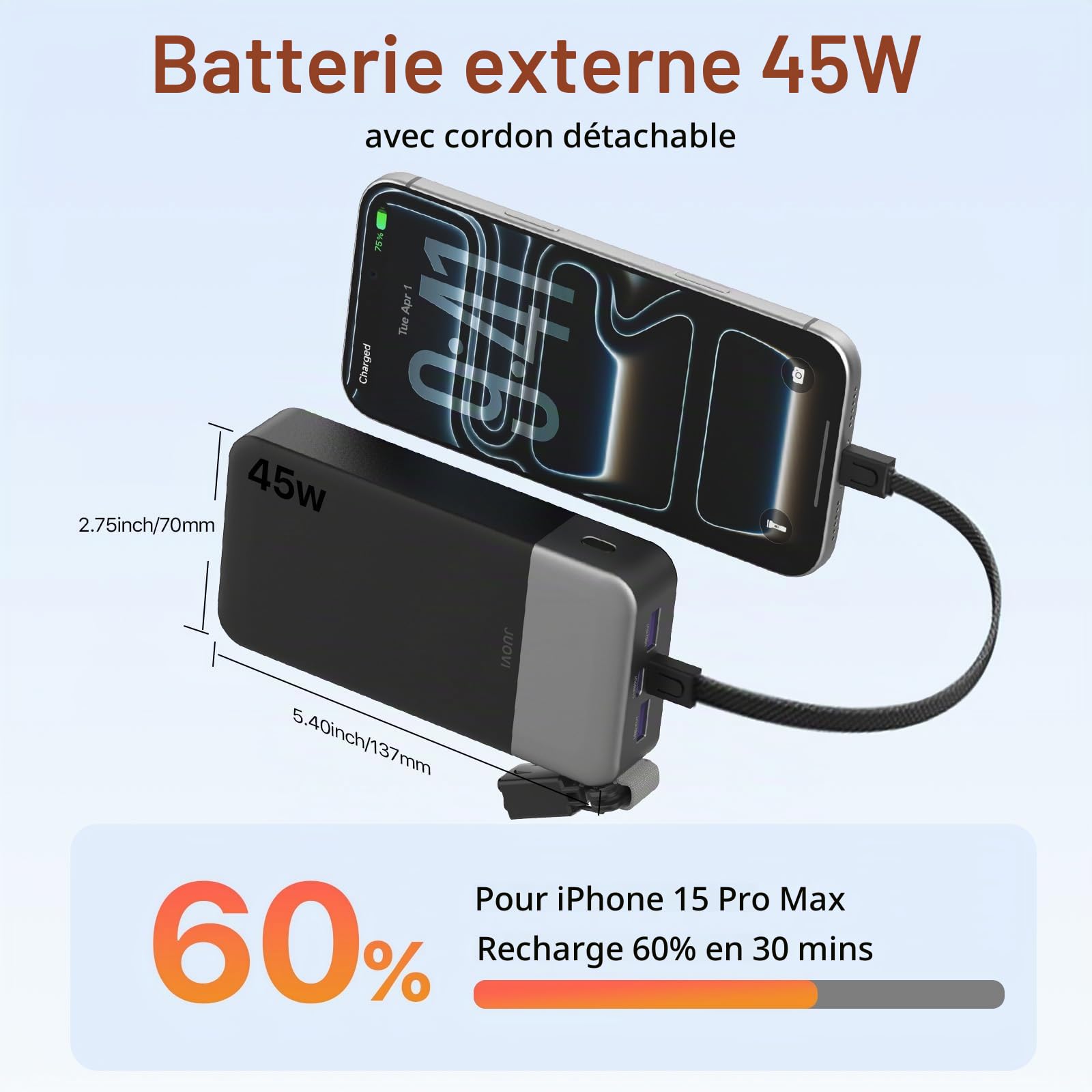 JUOVI Batterie Externe Charge Rapide 45W 20000mAh Power Bank avec Câble | 4 Ports (2USB C PD & 2USB A QC) Écran LED Chargeur Portable pour iPhone iPad Tablette Switch Samsung
