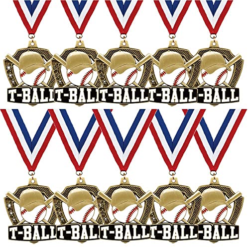 Crown Awards T-Ball Medals - 10 Pack - 2.25" Gold Shieldz T-Ball Medal with Red, White, Blue Neck Ribbon