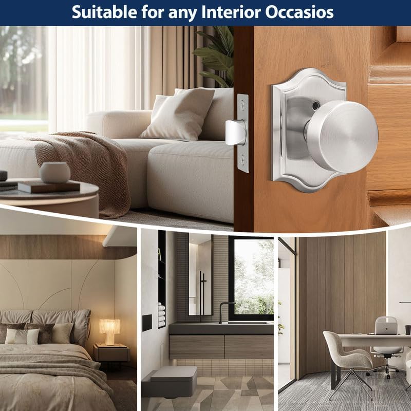 Orger Brushed Nickel Door Knobs Interior, Zinc-Alloy Silver Door Knob with Lock, Heavy Duty Privacy Antique Door Knob for Bathroom and Bedroom, 6 Pack