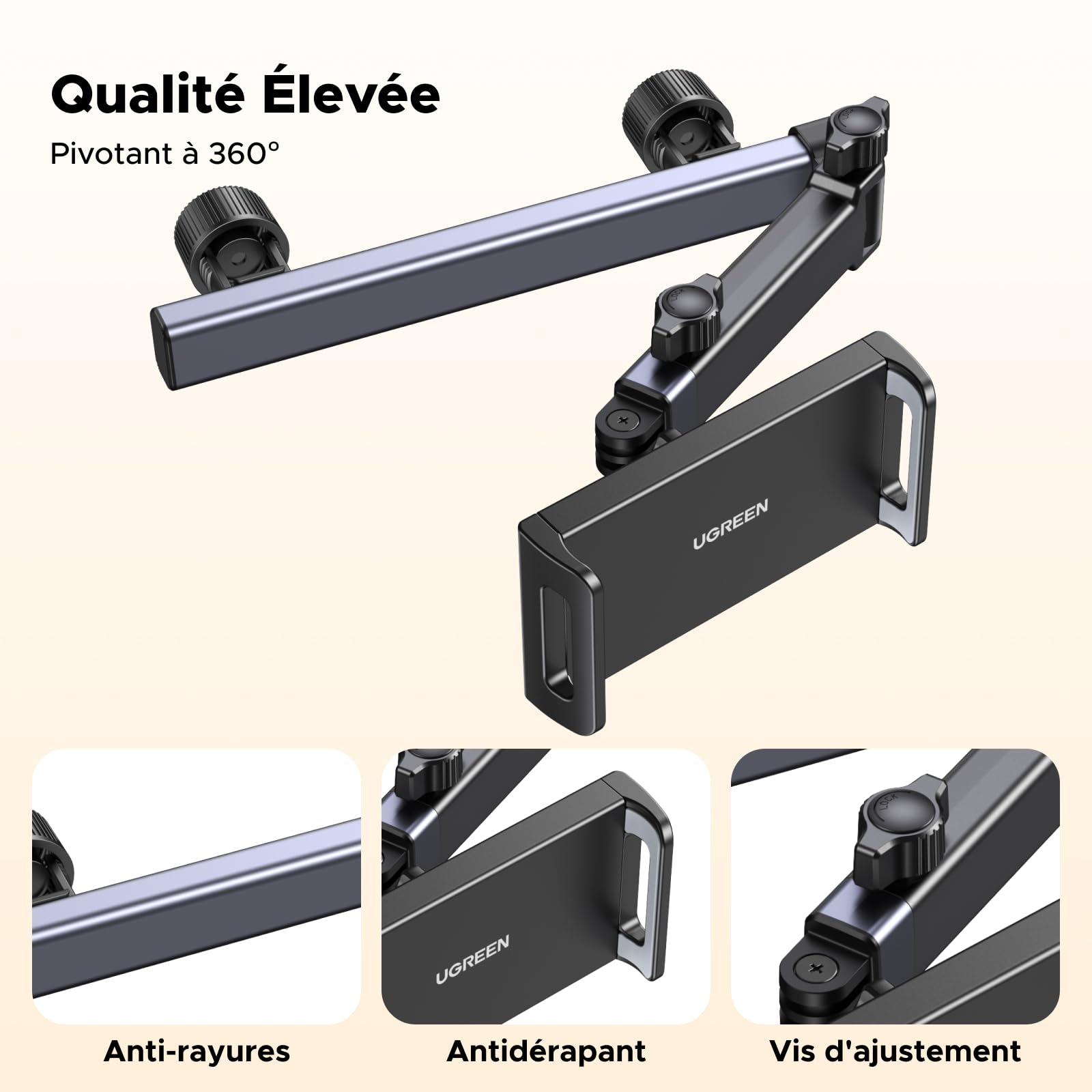 UGREEN Support Tablette Voiture Extensible Porte Accroche Tablette Voiture Tête 360°Rotatif Support de Siège Auto 4,7 à 9,8 Pouces Compatible avec iPad Air Pro Mini 2024 Galaxy Tab A9 S9 Switch