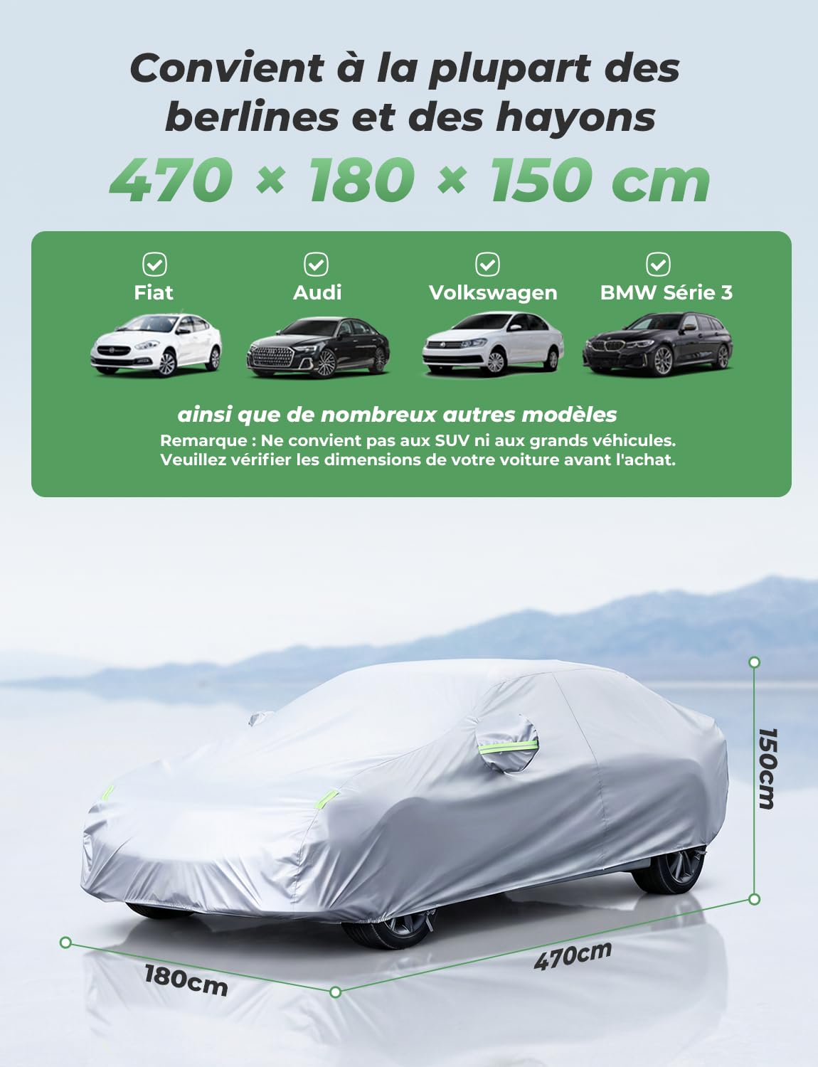 LOETAD Bâche Voiture Exterieur Housse de Protection Voiture Imperméable pour Auto Anti UV Poussière Vent Gel Neige Hiver 470 x 180 x 150 cm - Argent