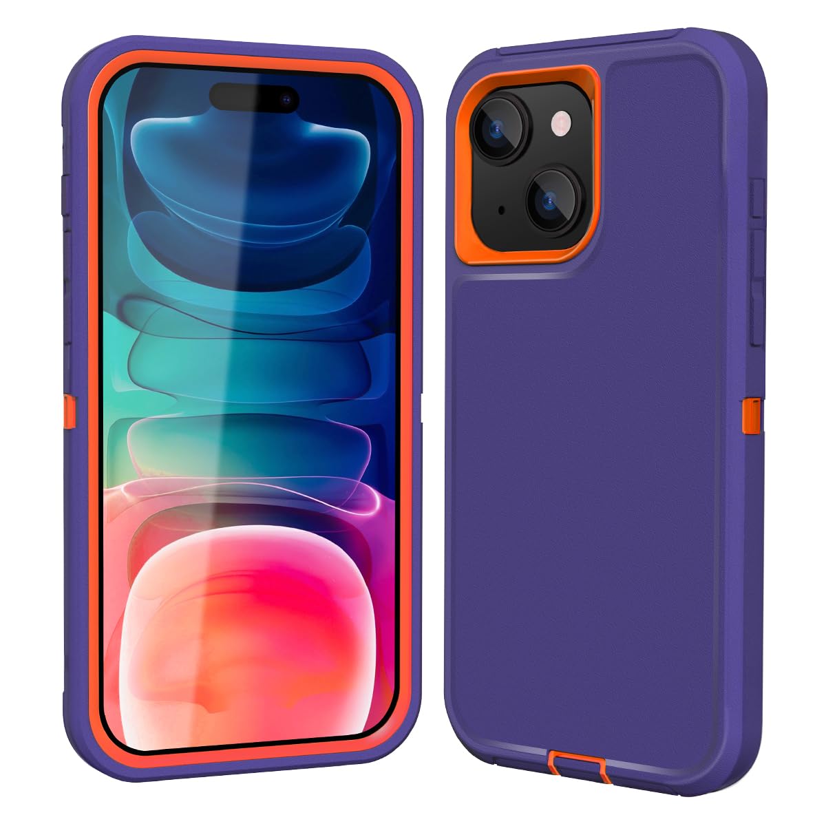 SansuntoCase Both for iPhone 15 Plus and 14 Plus 6.7 Inch, Heavy Duty Shockproof Raised Edges Protection 3 in 1 Silicone Rubber with Hard PC Rugged Durable Bumper Phone Cover (Purple/Orange)