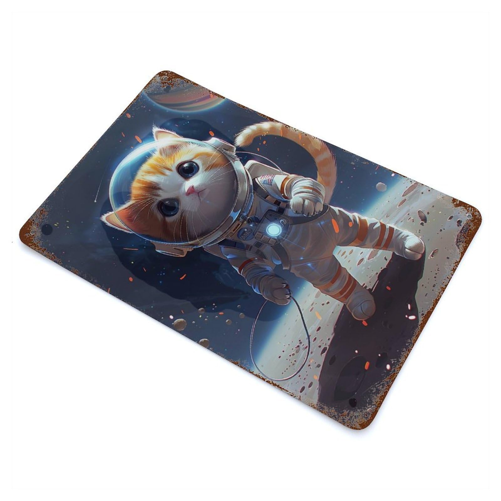 Garage Style Astronaut Space Cat Rust Effect Tin Sign 11.8"x7.9", Industrial Home Decor for Bar And Workshop