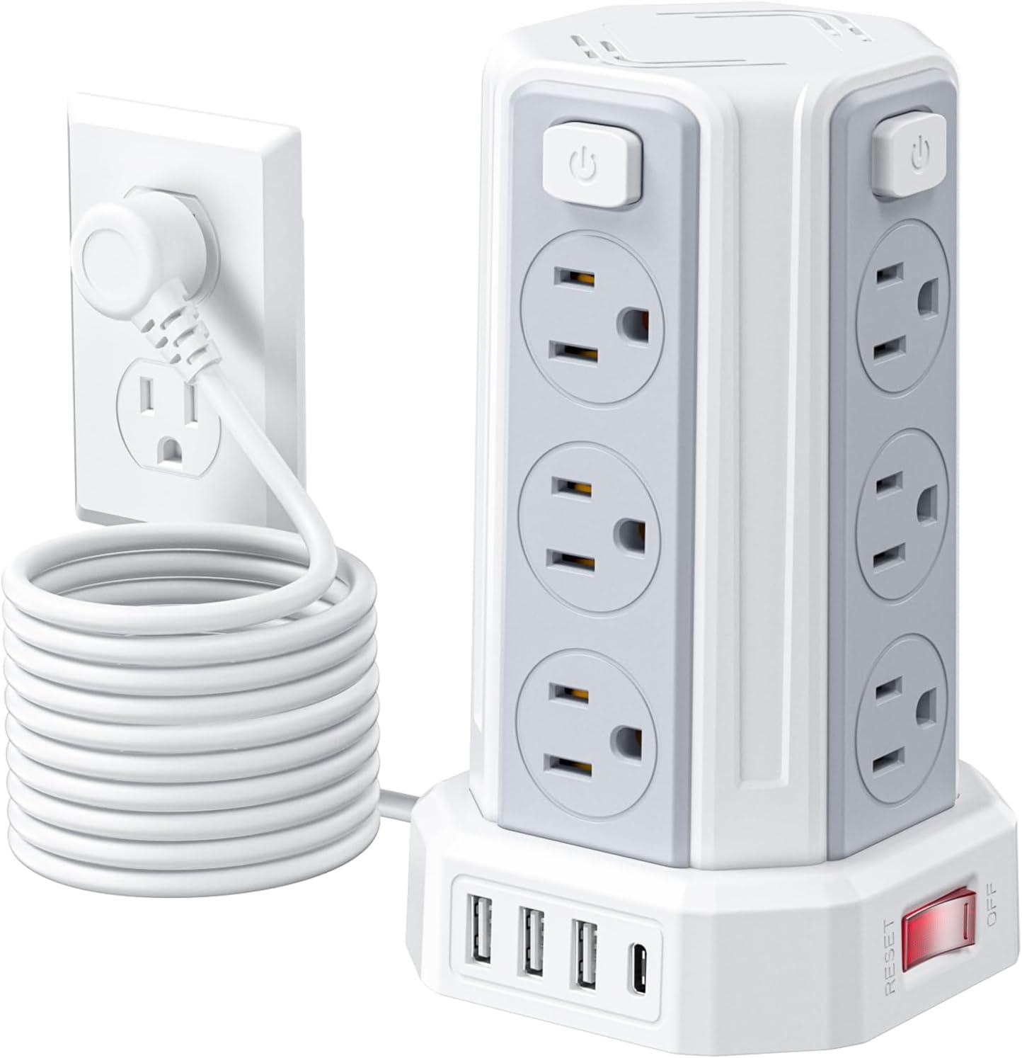 Power Strip Surge Protector, 10 Ft Extension Cord with 12 AC Multiple Outlets 4 USB (1 USB C), SMALLRT Power Tower Desktop Charging Station