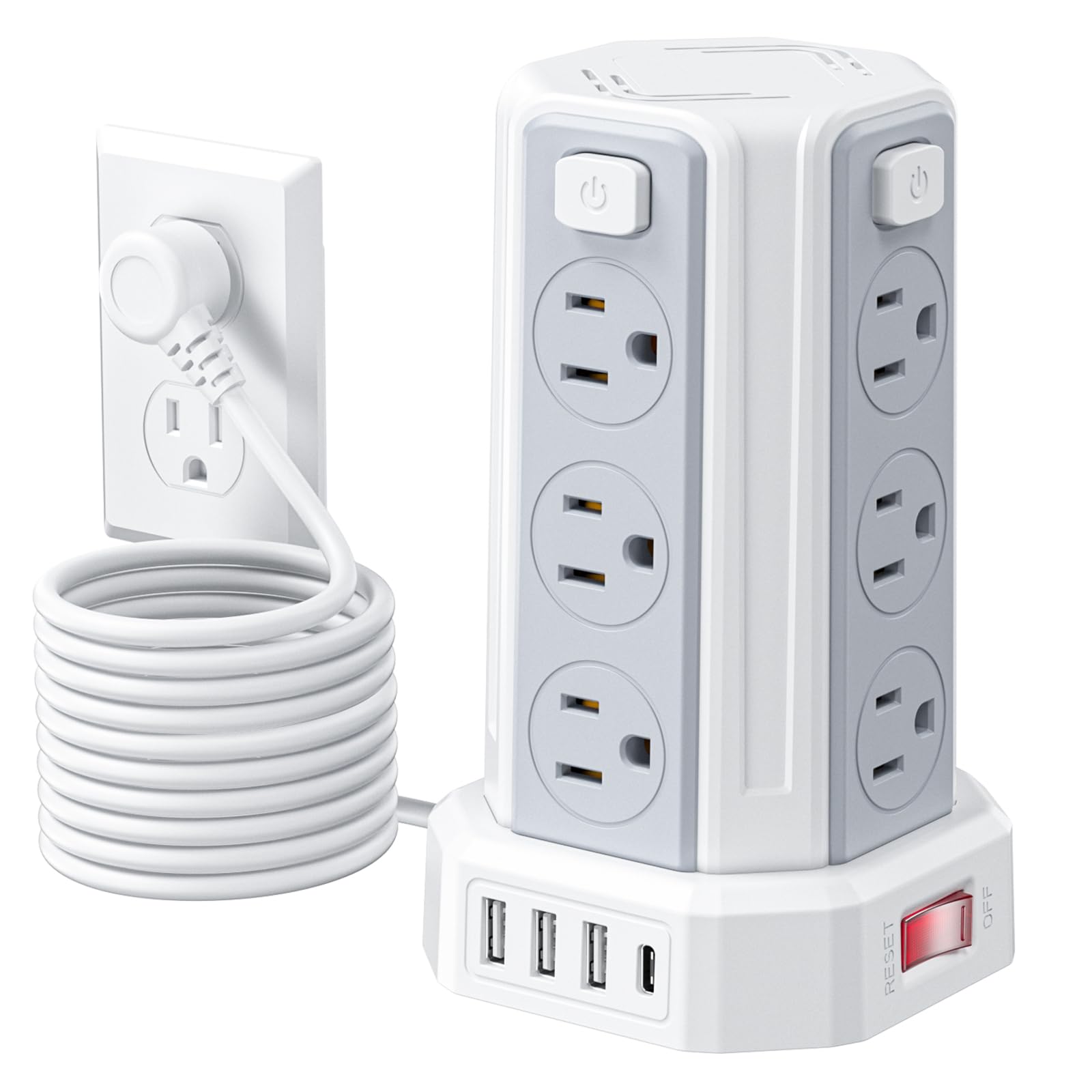 Regleta de protección contra sobrecargas, 12 salidas de CA, 3 puertos USB&1USBC, regleta con USB, cable de extensión de 9.8 pies, regleta de alimentación, protección contra sobrecargas de torre,