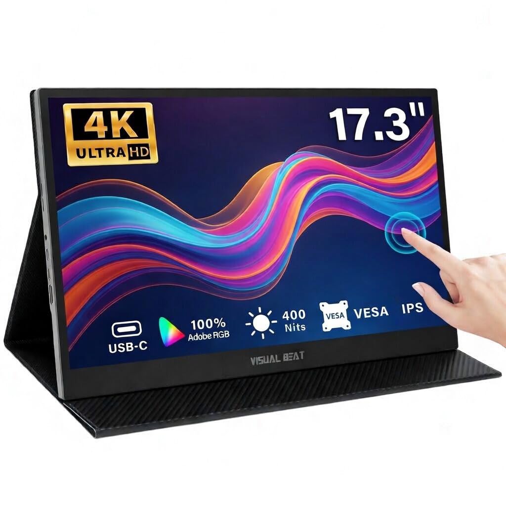 Monitor Portátil Táctil 4K de 17,3", Pantalla UHD IPS HDR, USB-C y HDMI Plug & Play, Altavoces Duales, Soporte VESA y Funda Inteligente, Monitor para Portátil, PC, Smartphone y Dispositivos de Juego