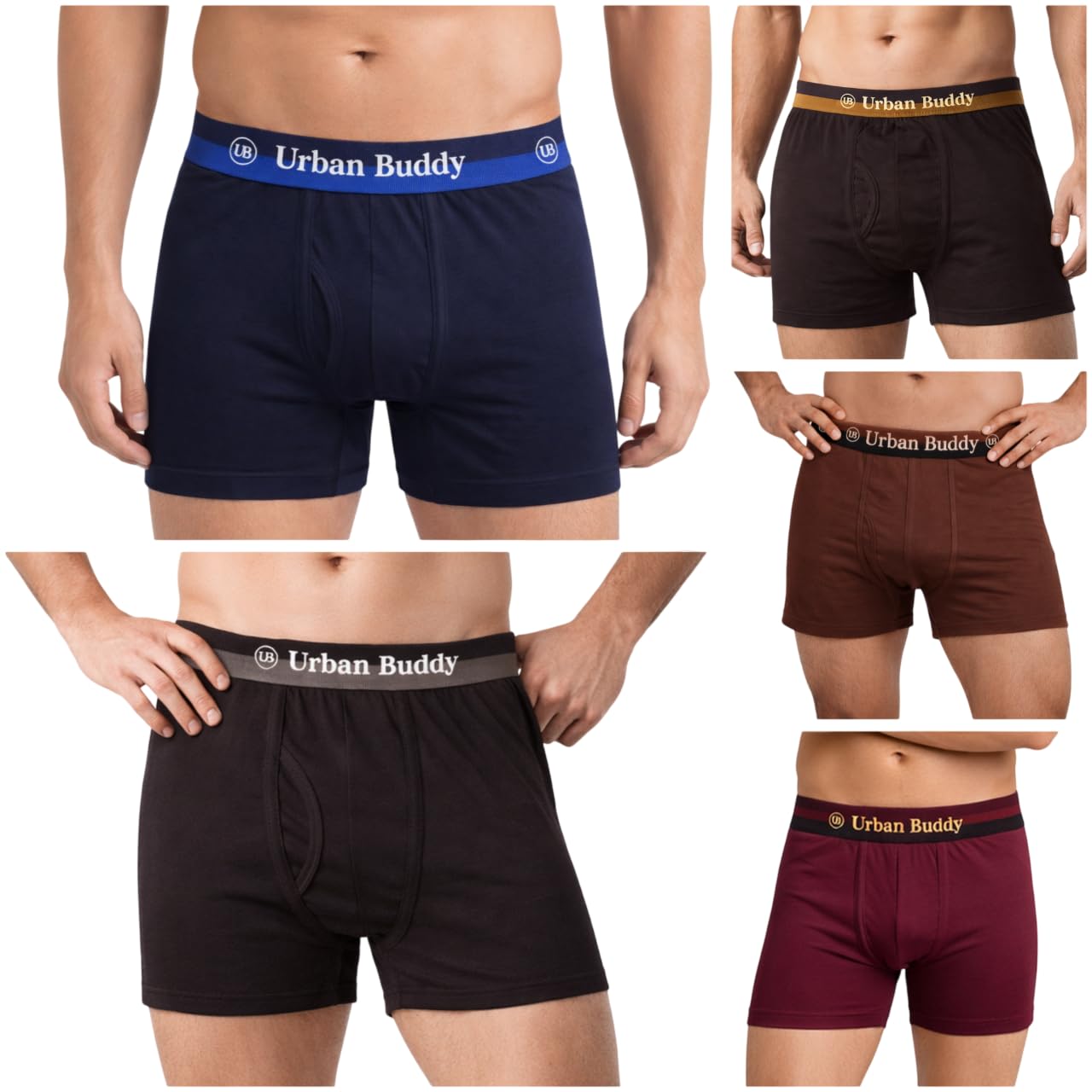 urban buddy Men's Cotton Trunks, Pack of 5, Boxer Briefs, Solid, Mid Rise, Elastic Waistband, Regular Fit, Brown, Burgundy, Navy Blue, Tan, Black-picture-29
