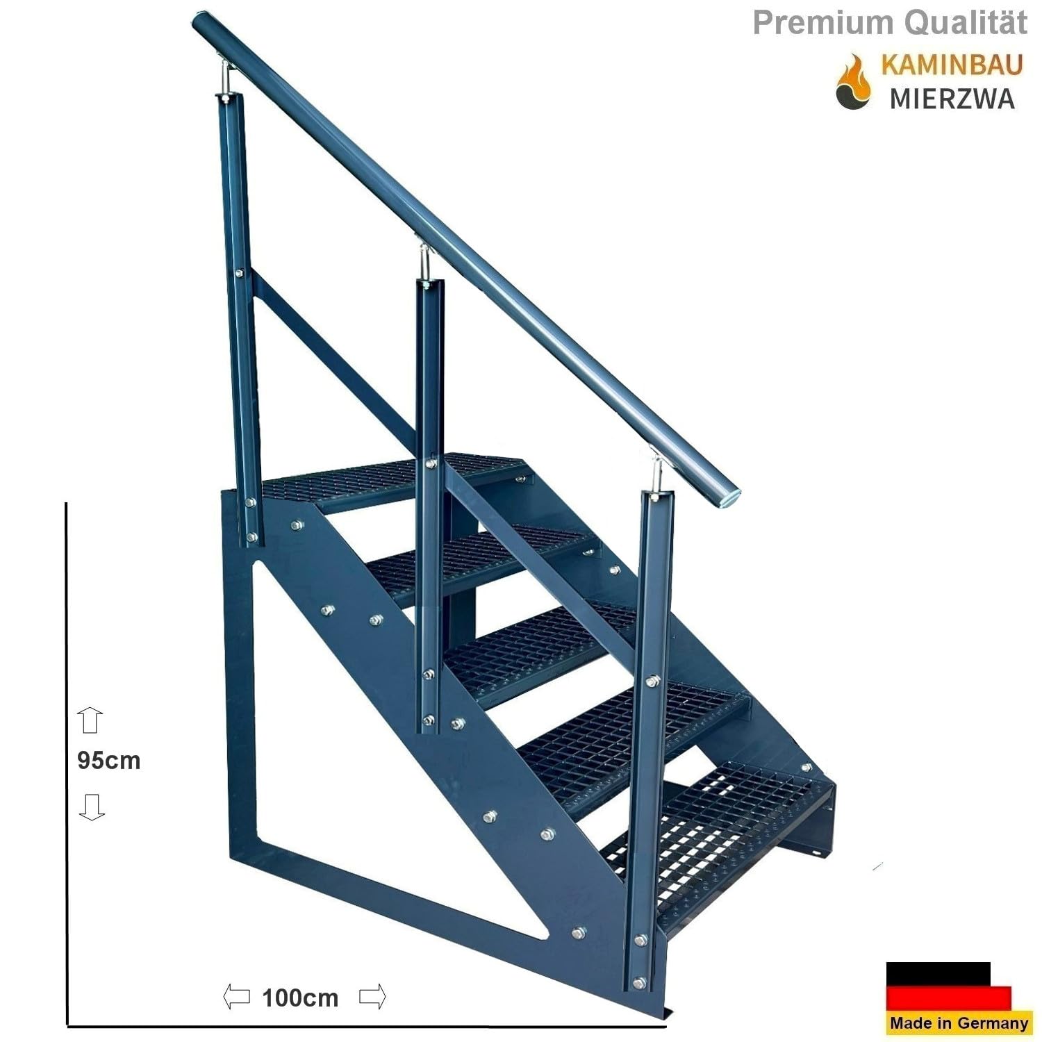 Premium Caillebotis acier Escalier à limon 5 Marches Autoportant Entièrement galvanisé et Anthracite Revêtu par poudre avec garde-corps à gauche - Dimensions (L x l x H) 101cm x 60cm x 95cm