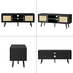 Rattan TV Stand for TVs up to 55'', Modern Entertainment Center with 2 Doors and 2 Open Shelves, Boho Media TV Console for Living Room, Farmhouse Console Table, Black