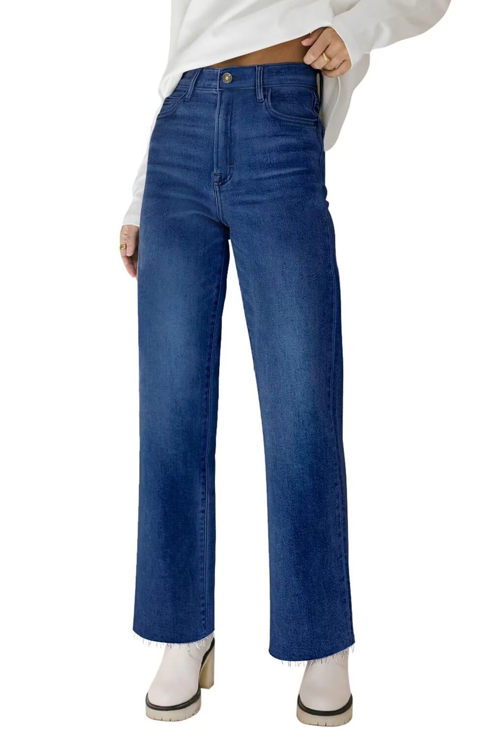KDF Straight Leg Jeans for Women High Waisted Jeans Frayed Baggy Pants Raw Hem Loose Stretchy Cropped Wide Leg Jeans