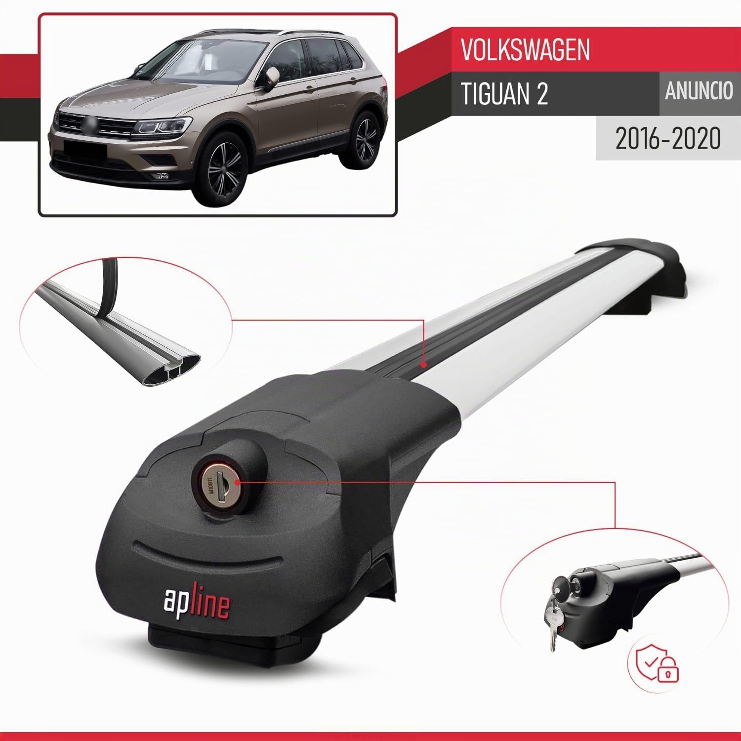 Compatible con Volkswagen Tiguan 2 (AD) Pre-Facelift 2016-2020 Modelo Ace-1 Barra de Techo Auto Portaequipajes Barras Transversales Gris Aluminio 2 Barras