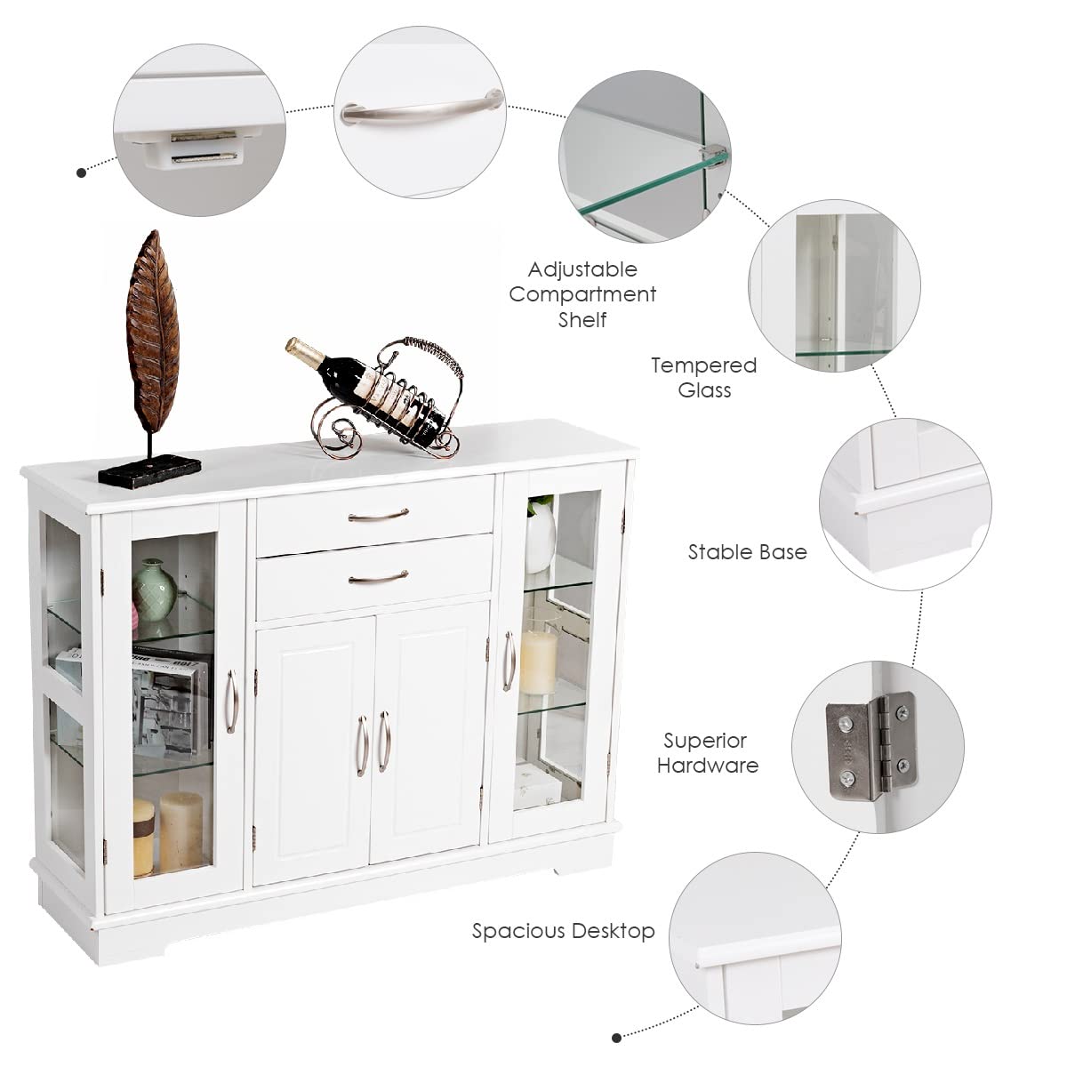 GIANTEX Credenza e Buffet a Ripiani, con 4 Ante e 2 Cassetti, Mensole Regolabili, Armadietto Laterale per Soggiorno, Sala da Pranzo, Cucina, 107 x 30 x 82 cm, Bianco