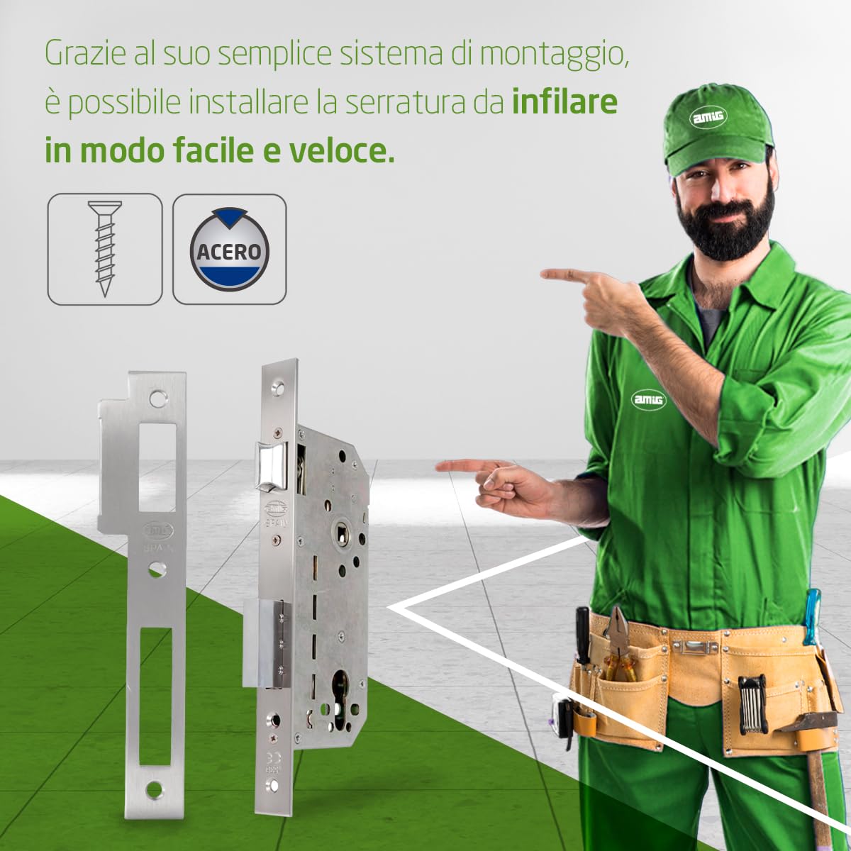 Amig - Serratura da Incasso per Porte d’Ingresso in Legno - Cilindro di Sicurezza, Bocchetta e 5 Chiavi Incluse - Per Maniglie con Quadro da 8 mm - Acciaio - Cromato