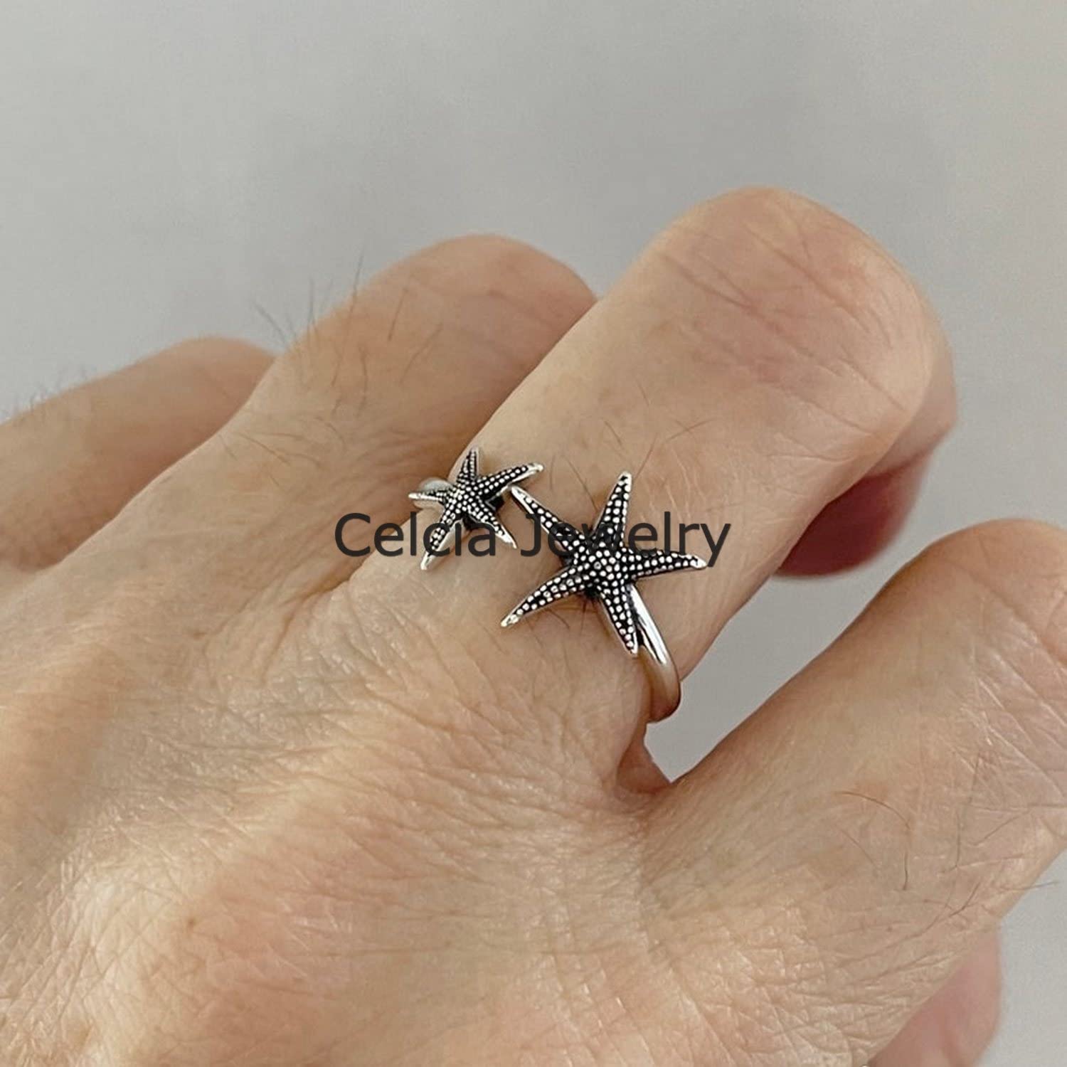 Anillo de estrella de mar de plata de ley pura, anillo de concha marina, anillo ajustable, anillo de océano, anillo de playa, anillo de onda, anillo minimalista, anillo del día de la madre