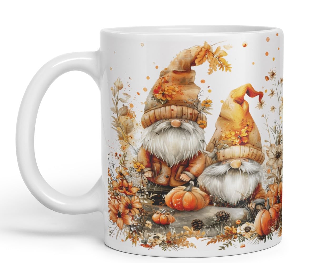 Vixar Ceramic Mug with Autumn Gnomes and Pumpkins Gnome Ceramic Coloured Mug Cup 330ml 11Oz (White)