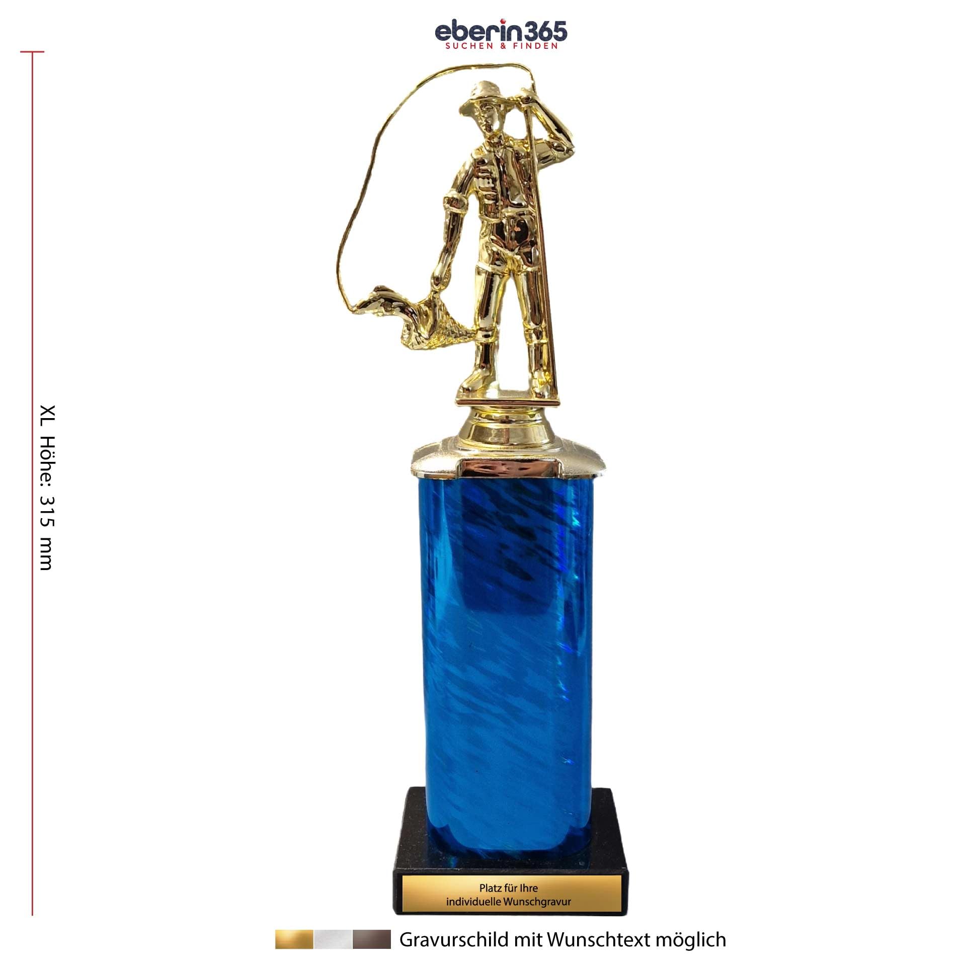 XL Angler Pokal Trophäe Award: Angel Trophy mit Gravuroption | Goldfisch auf Blauer Säule | Komplett montiert