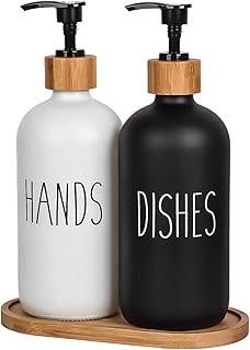 Vilike 2 PCS 500ML Matte Black Glass and White Soap Dispenser Set,Contains Wooden Tray,Hand Soap Glass Dispenser and Dish Soap Glass Dispenser,Soap Dispenser for Kitchen or Bathroom Decor
