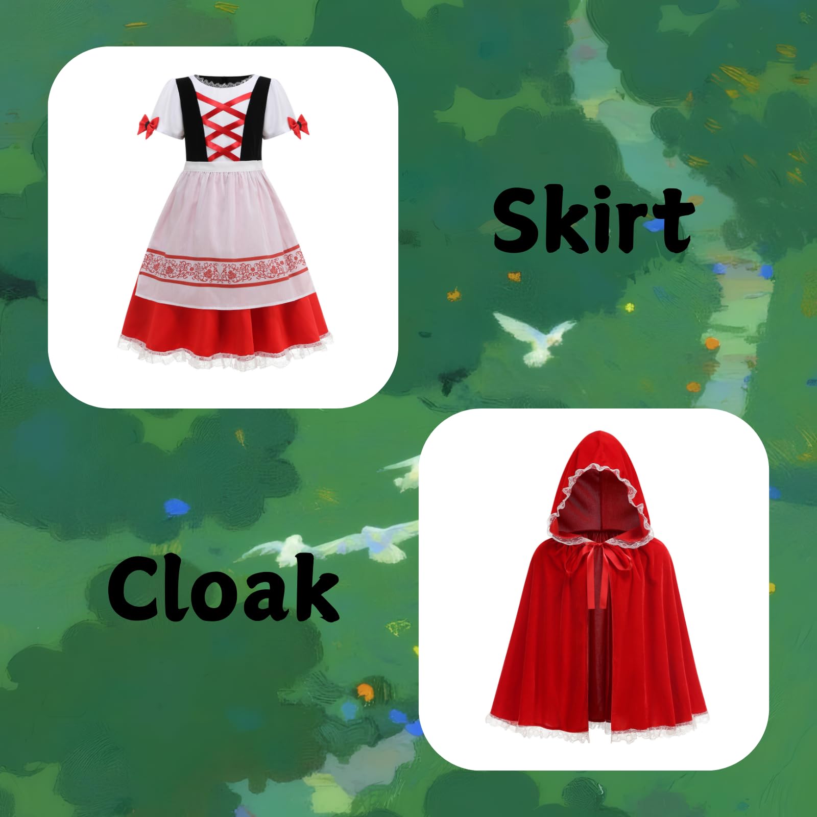 DELIVESS Little Red Riding Hood Kids Costume Soft Breathable Cosplay Outfit for Halloween & Parties(Three piece set in red,9-10Y) - Image 3