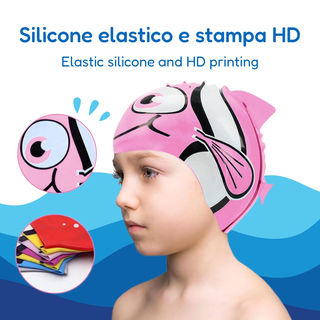 kina - Cuffia da Nuoto Bambini per Piscina, in Silicone, Ipoallergenica, Elastica e Soffice al tatto per Capelli corti e lunghi