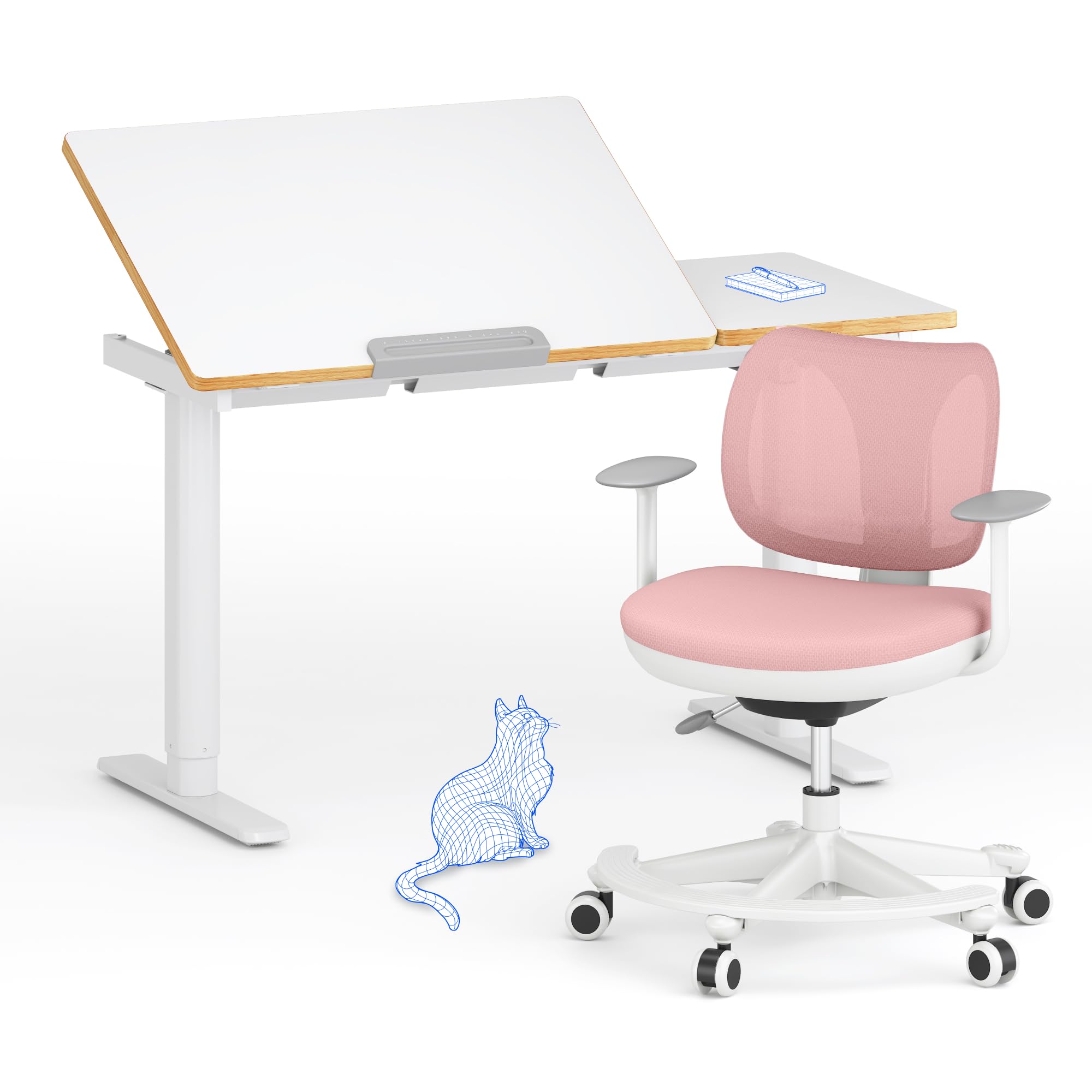 FlexiSpot Kinderschreibtisch, Elektrisch Höhenverstellbarer Schreibtisch mit neigbarer Tischplatte mit LED-Höhenanzeige, 3 Speicherplätzen, Kindersicherung, 110 x 52 cm (SK2 Kindertisch und Stuhl SET)