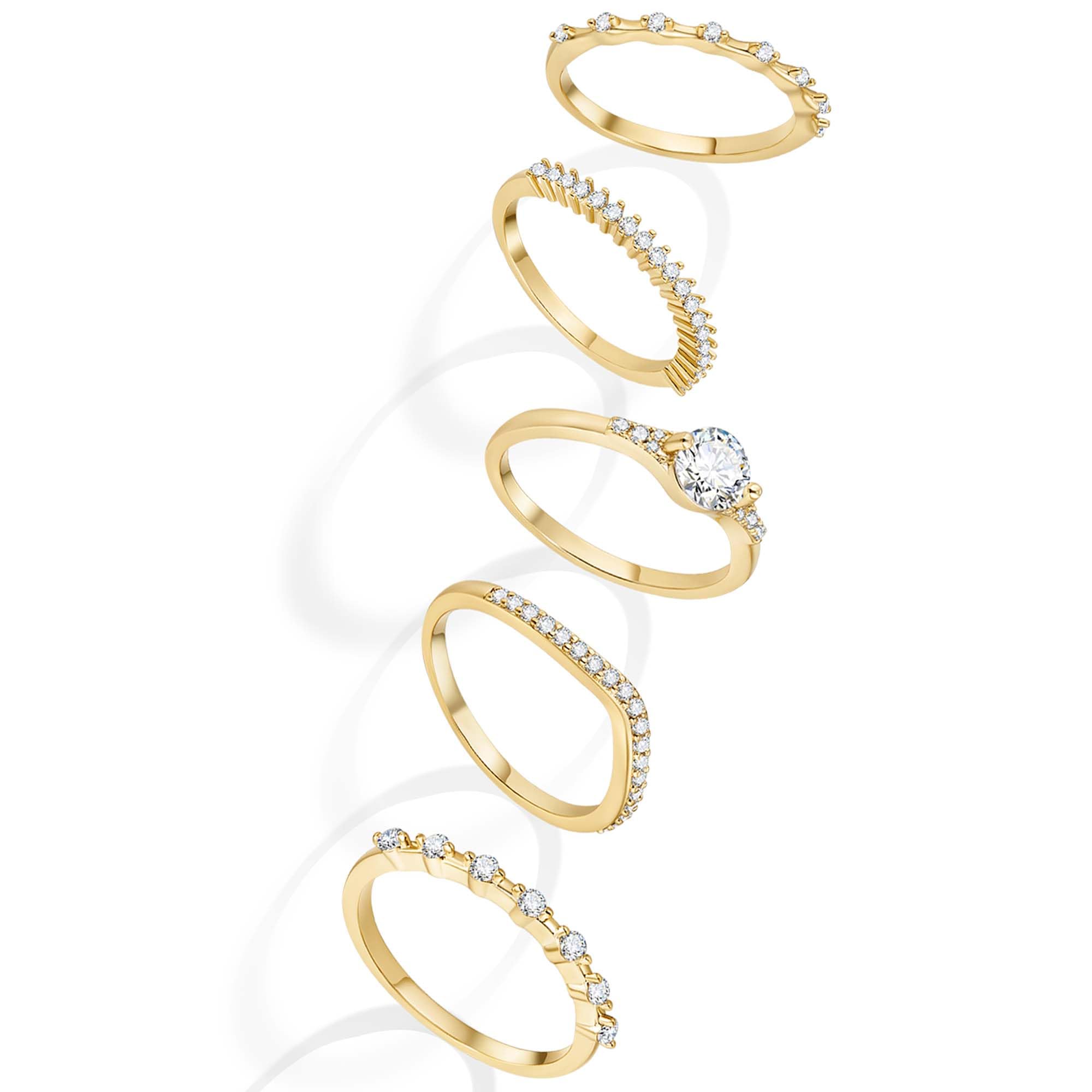 Macachii 5 Stück Ring Silber Damen Wasserfeste Ringe Frauen Stack Cubic Zirkonia 14k Gold Verlobungsring Damen Statement Stapelbare Daumenring Fingerring Set Schmuck für Freundin Mom