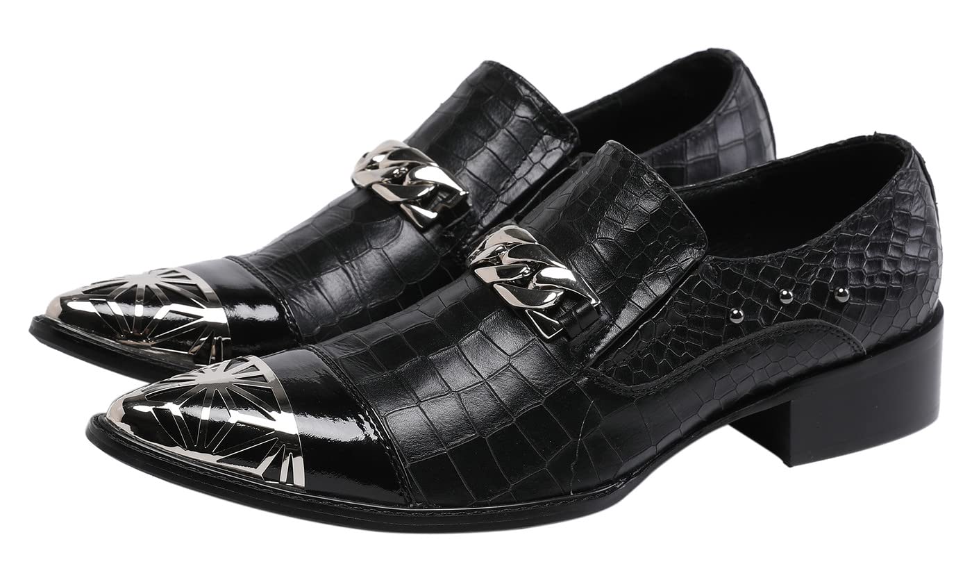 Santimon Mens Casual Smoking Loafers Slip On Metal Patch Double Cap Toe Rivet Genuine Leather Lightweight Modern Fashion Business Dress Shoes