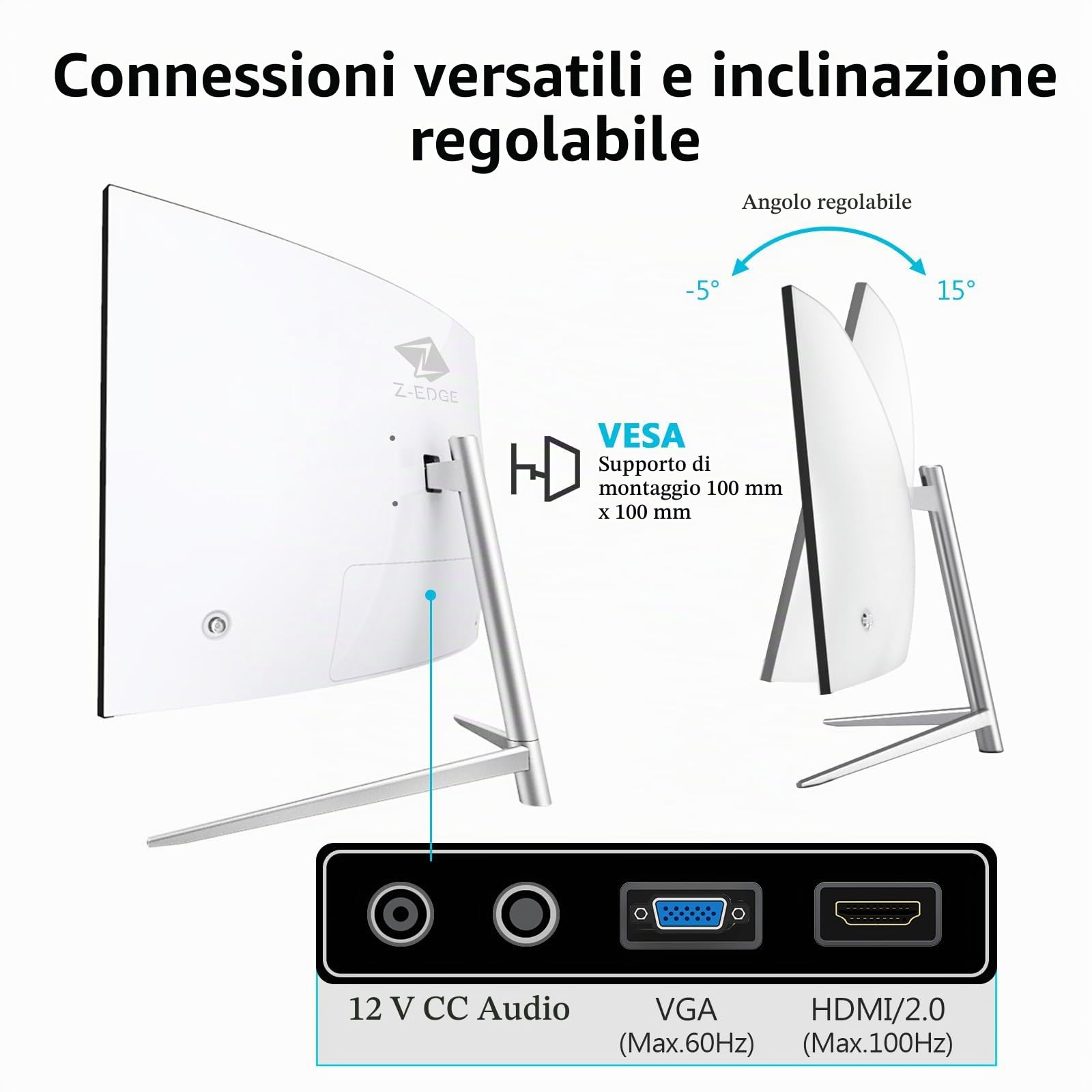 Z-Edge Monitor Pc Curvo 27'', 75Hz, FHD 1080P (1920x1080), Monitor Ufficio Bianco con HDMI Cavo, Schermo Gaming 1800R VA Frameless, Inclinazione Regolabile, 178° Angolo Visione, VGA+HDMI, Eye-Care