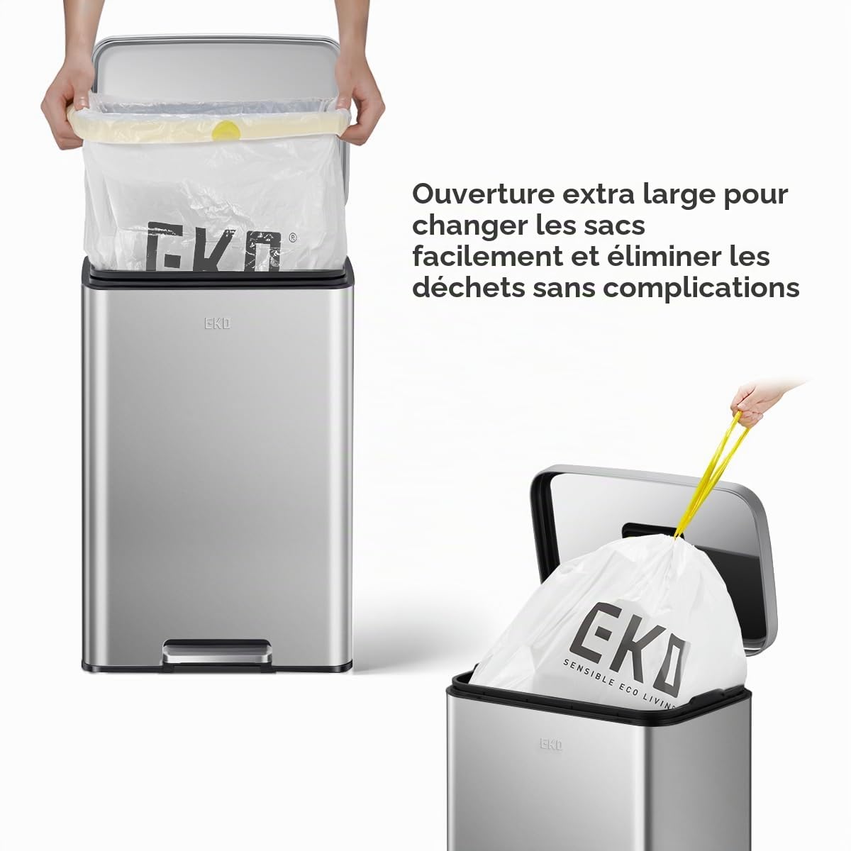 EKO Poubelle Cuisine Madison 50L avec Pédale | Grande Capacité | Inoxydable Anti-Traces | Fermeture Ralentie Silencieuse Salle Bain