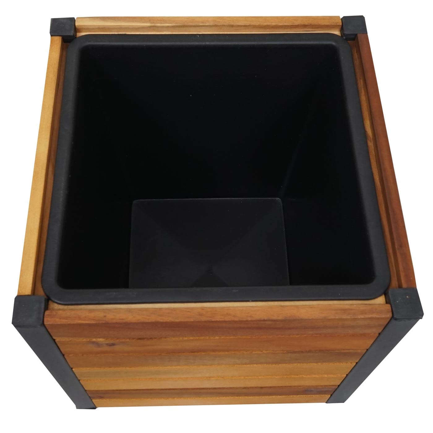 Jardinera HWC-L23, Maceta Grande para Exteriores, Madera de Acacia, Aluminio con Certificado MVG, 32 x 34 x 34 cm, Marrón | Jardinera elevada, exterior, madera, certificación FSC®, aluminio