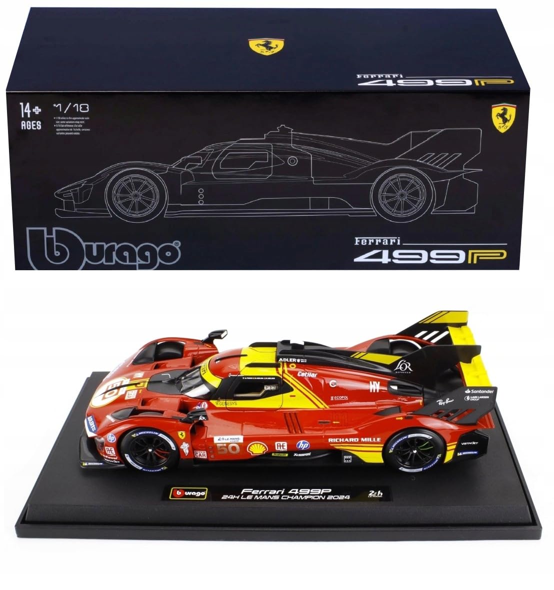 Bburago FERRARI RACING 499P LE MANS HYPERCAR (2024) AF CORSE #50 - DELUXE HARD CASE - 1:18 Scale - Incredibly Detailed Die-Cast Replica Collectible Race Car Model