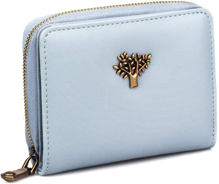 BAGZY Genuine Leather Women Purse Card Holder Ladies Credit Card Wallet Case Small Travel Wallet Zipper Clutch Handbags Girls Party Purse Gift Packed with Box Blue