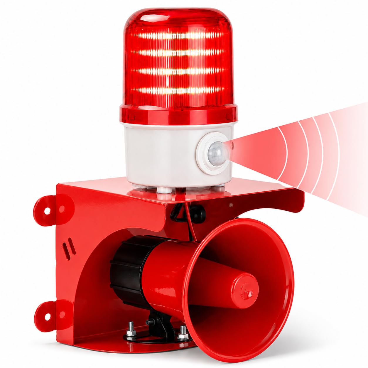 Alarma con sensor de movimiento con detección humana, sirena ajustable de 120 dB, luz estroboscópica LED para exteriores, alarma de seguridad para robo en el hogar, CA 110 V con enchufe, impermeable