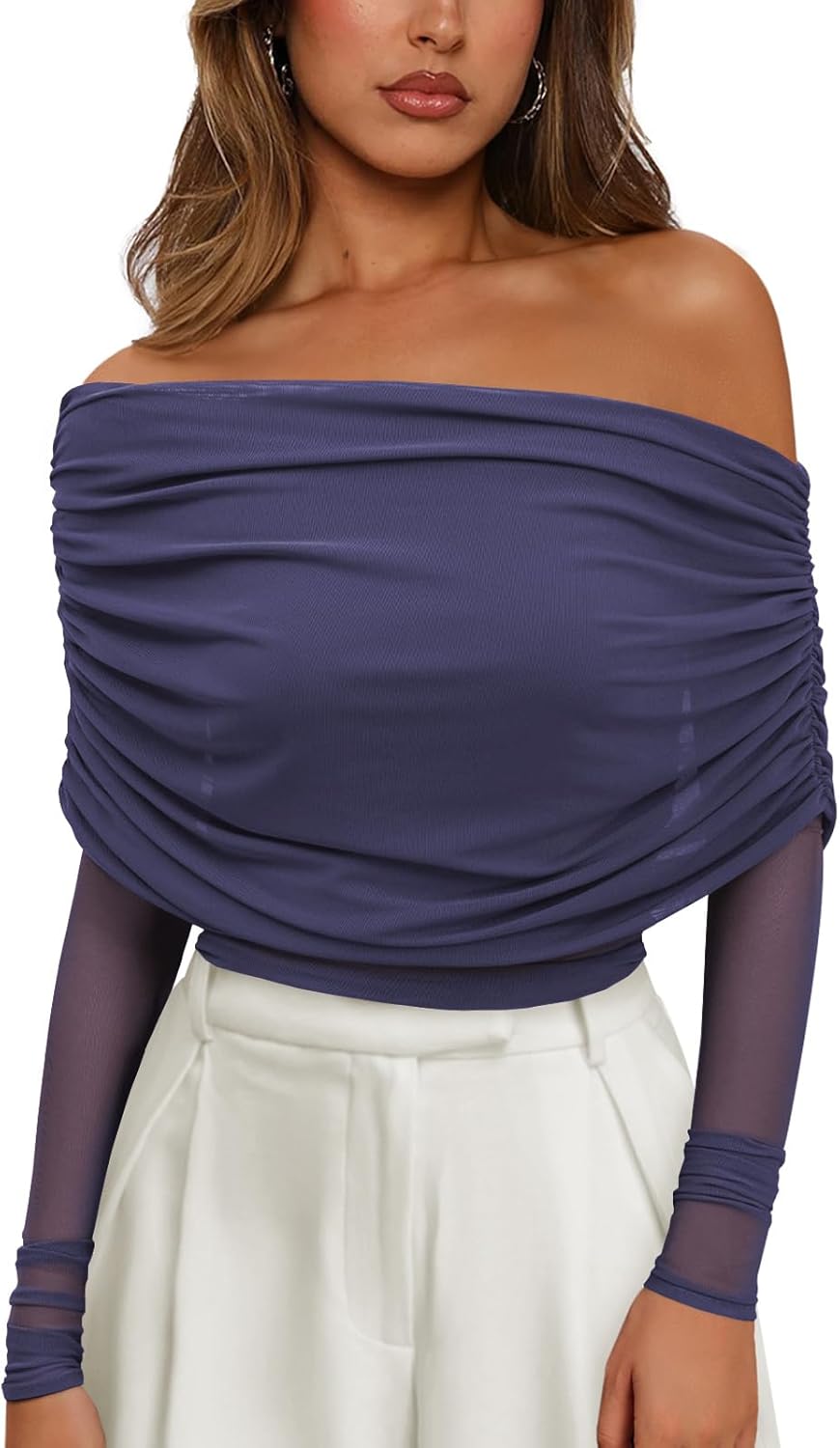 Women's Sexy Mesh Long Sleeve Top for Women Off Shoulder Sheer Ruched Going Out Tops Cocktail Party Outfits