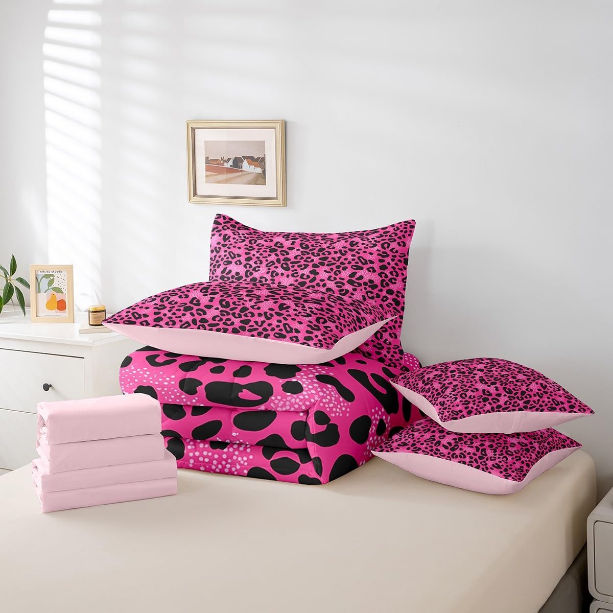 7 Pieces Queen Size Cheetah Skin Comforter Set,Modern Luxury Fashion Artwork Bedding Set for Girls Women,Leopard Print Rustic Animal (Comforter+Fitted+Flat Sheet+2 Pillowcases+2 Throw Pillow Covers)